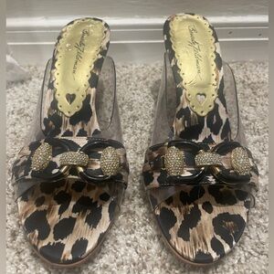 Beverly Feldman Leopard Print Mules with Gold Accents